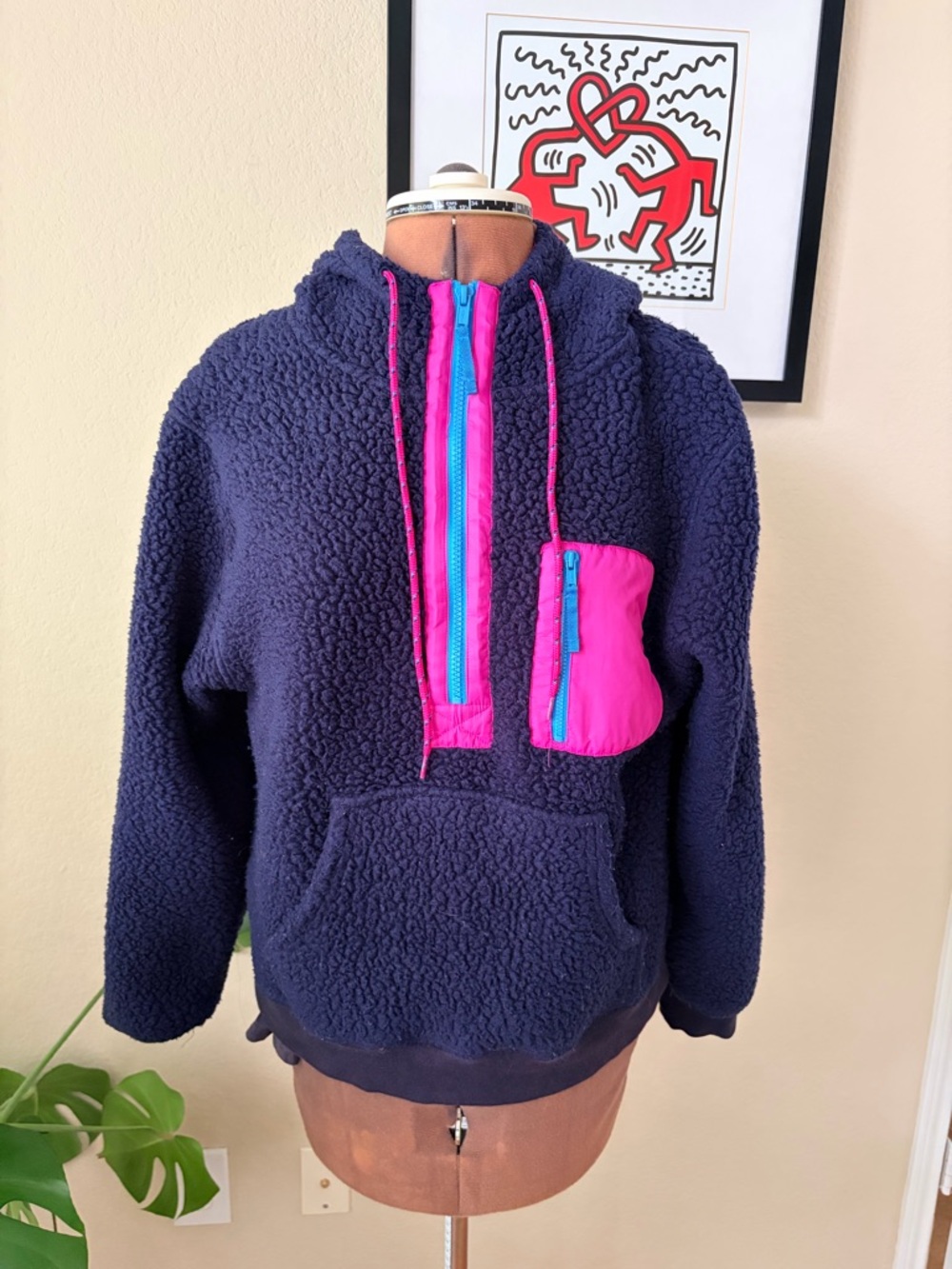 J. Crew Navy Sherpa Fleece with Pink and Teal Trim